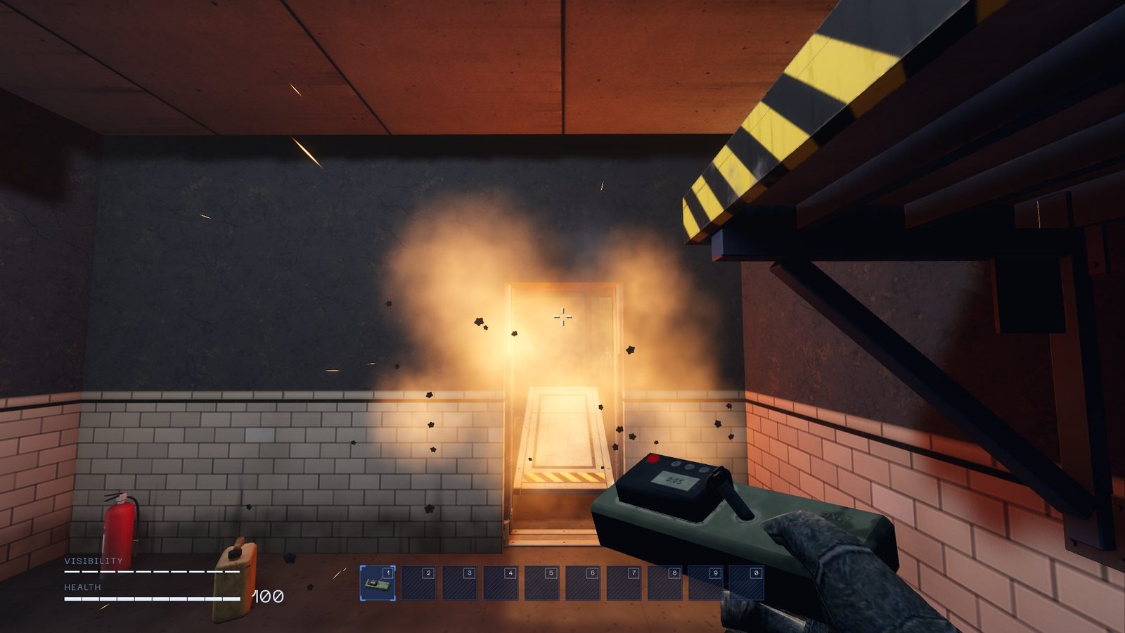 A breaching charge blows a door apart in a fireball
