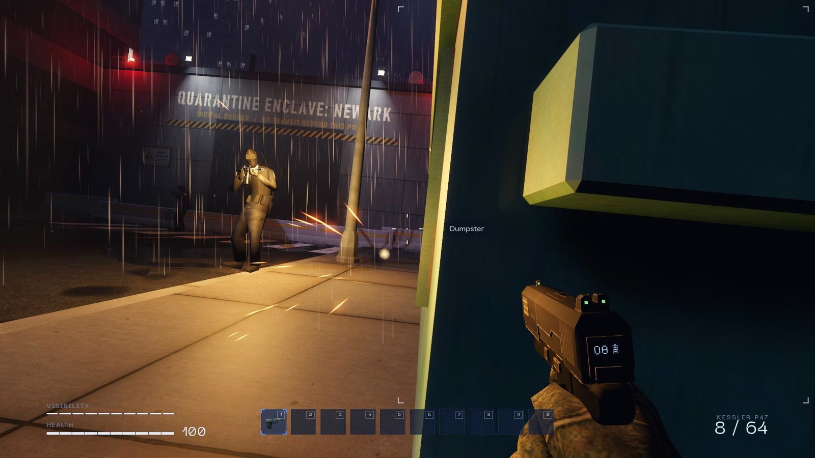 A guard opens fire at the gate of the quarantine enclave in the rain