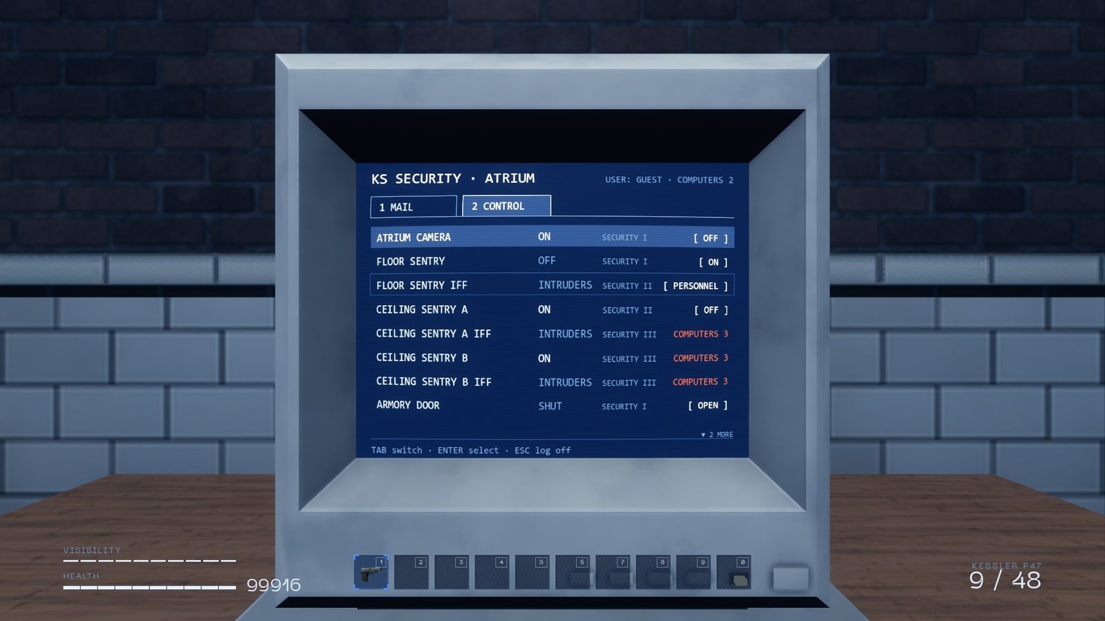 Security terminal listing cameras, sentries and a door, with toggles