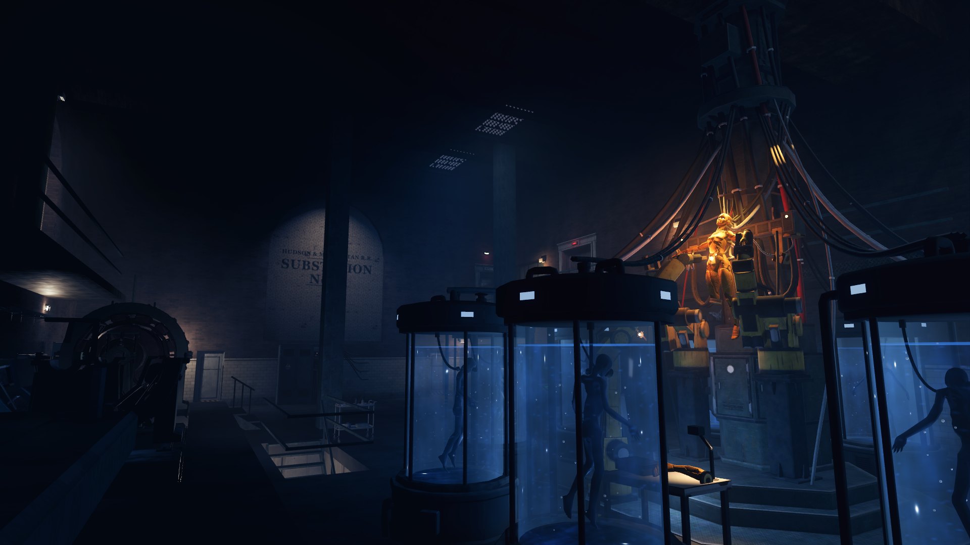 Zarya's lab: cloning tanks in blue light under a glowing cable column
