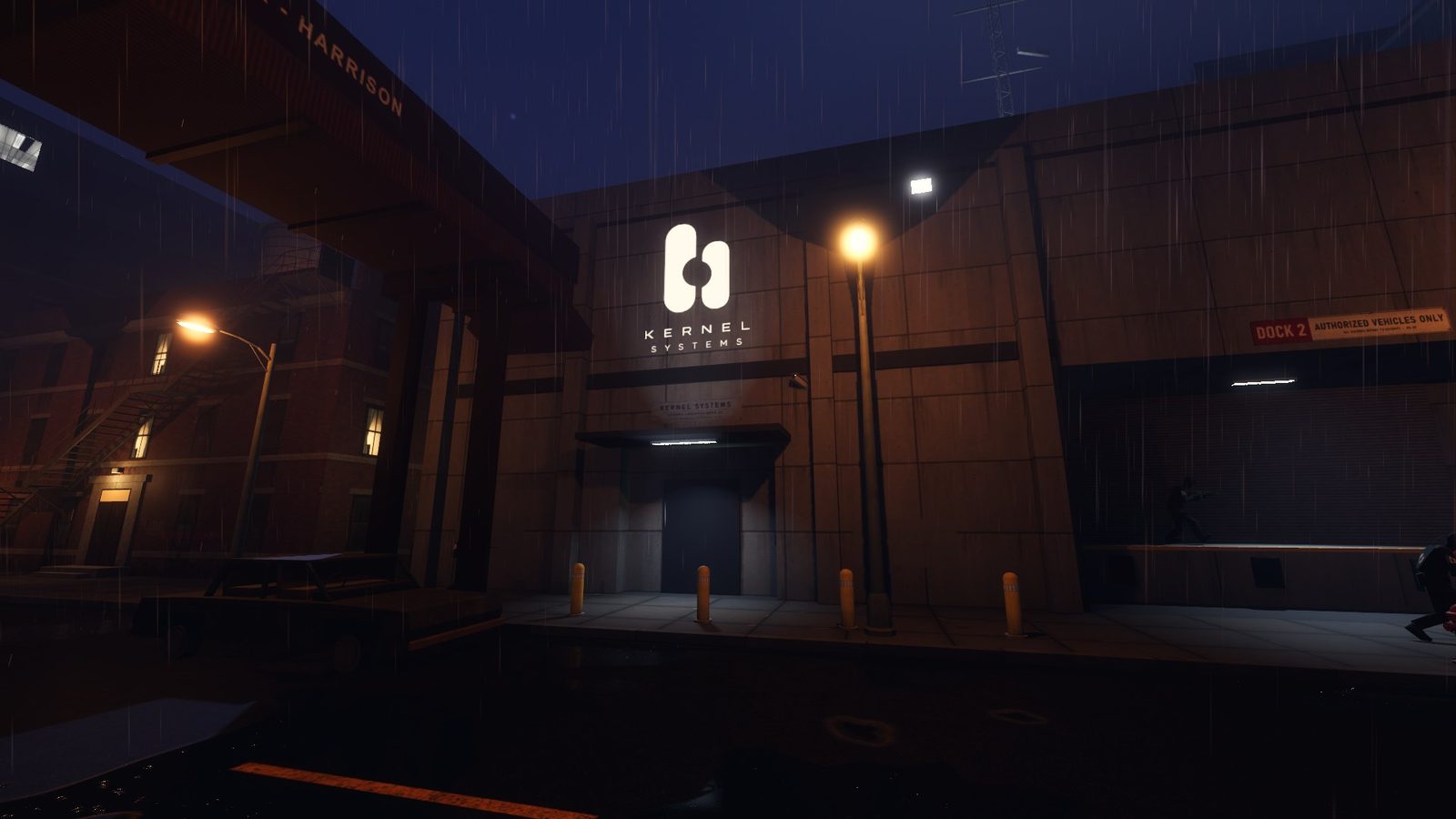 The Kernel Systems building entrance at night