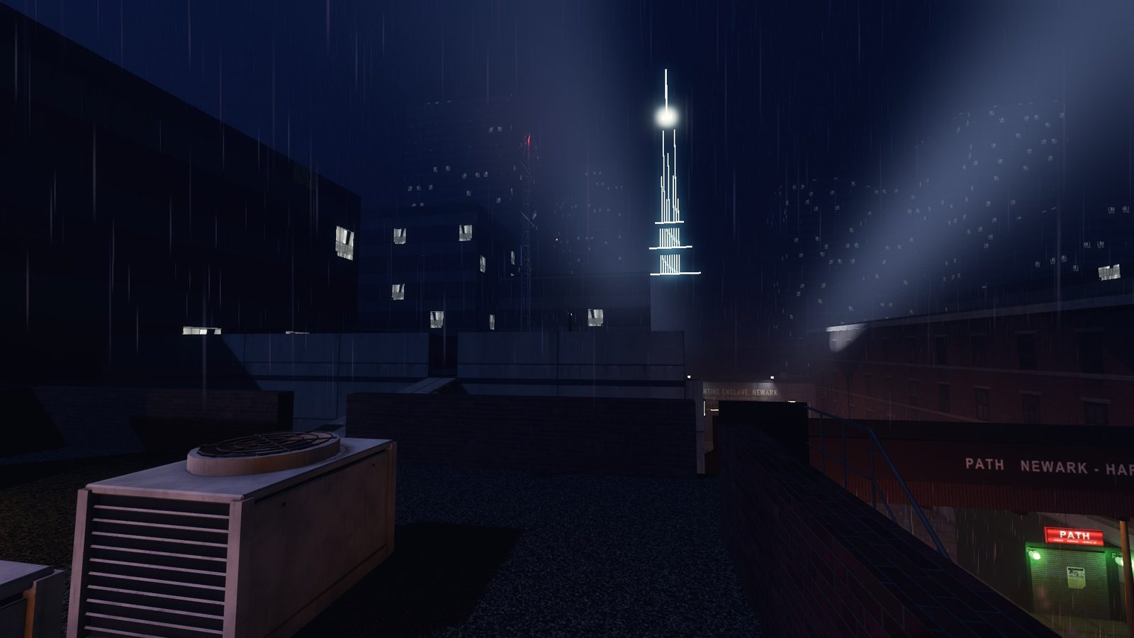 View from a rooftop toward a lit spire under searchlights