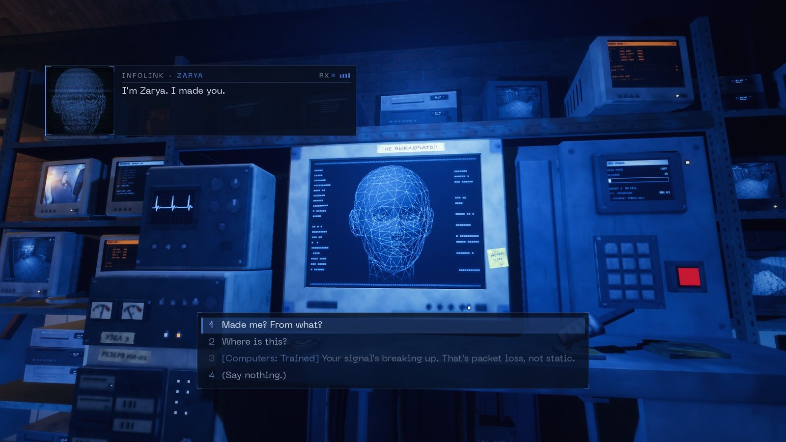 Zarya's face on a CRT in her terminal rack, with dialogue choices below