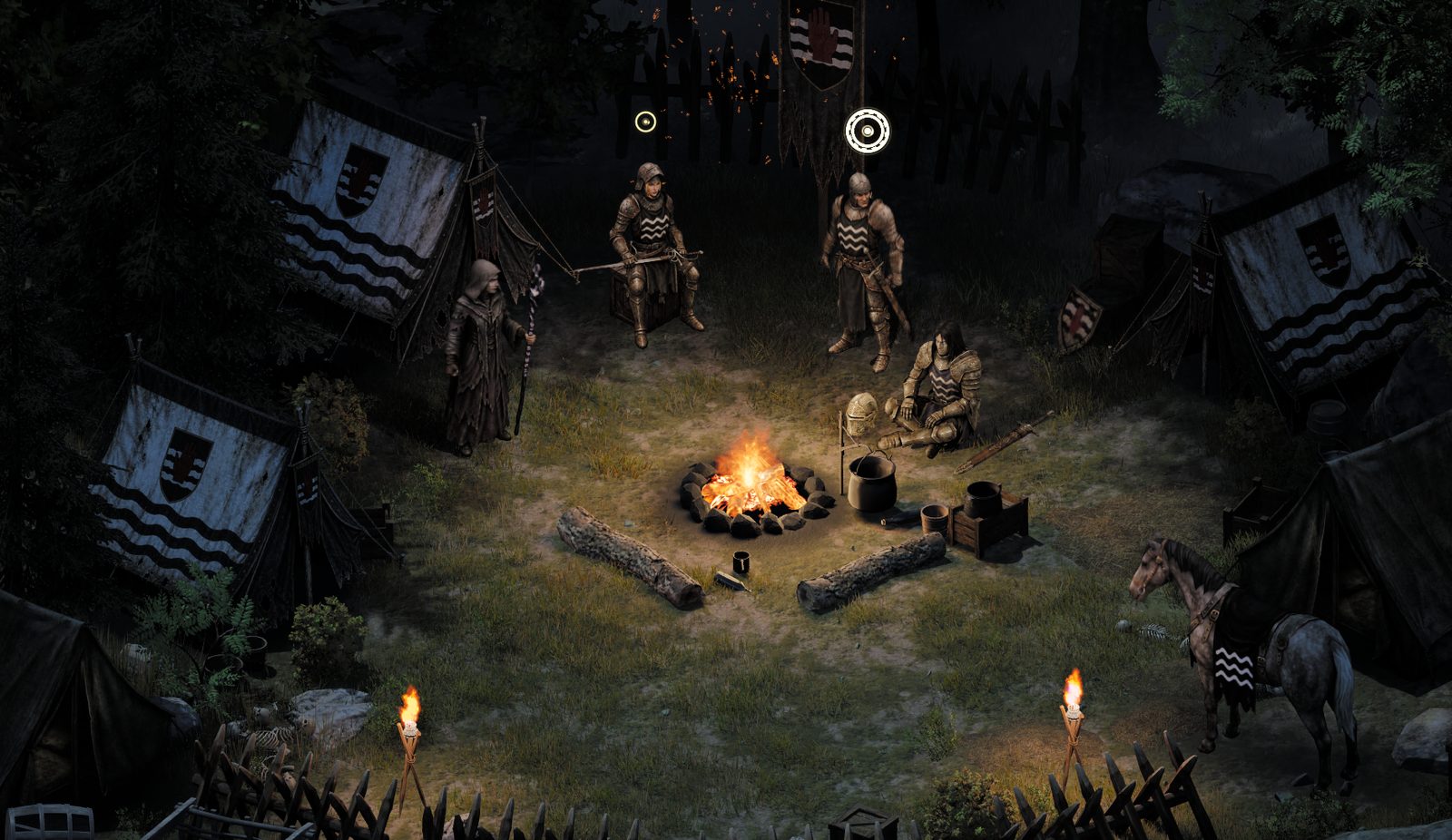 Companions and soldiers gathered around a campfire in a war camp