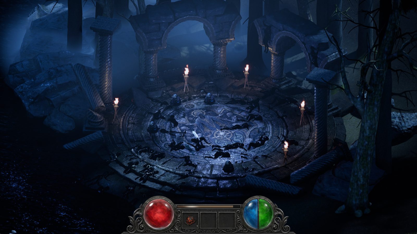 A ritual circle of fallen bodies under blue moonlight, lit by torches